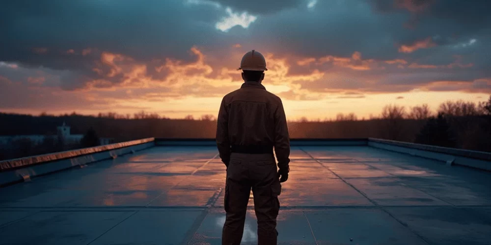 a roofer stands on the flat roof evening